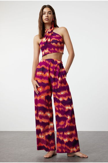 Abstract Patterned Woven 100% Cotton Blouse Trousers Set