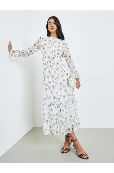 White Floral Print Ruffled Maxi Dress