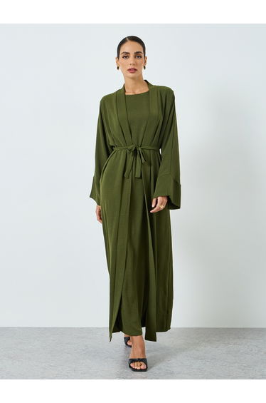 Women Solid Long Sleeve Abaya and Dress Modest Set