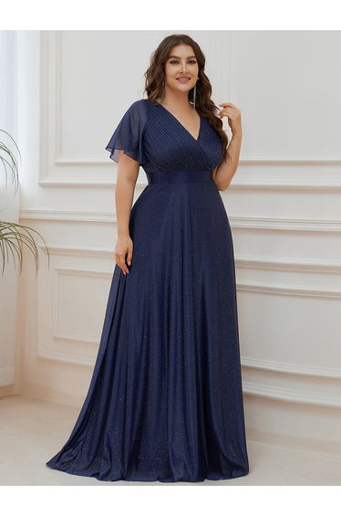 ever LIORÉ|Plus Size V Neck Ribbon Waist Formal Evening Dress With Sleeves