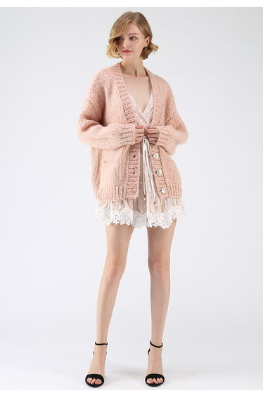 Pause for the Cozy Chunky Hand Knit Cardigan in Pink