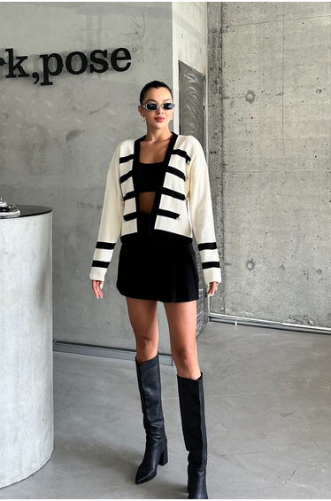 Women's Ecru Black Striped Button Detailed Knitwear Cardigan