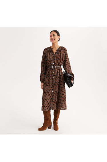 Graphic Print Maxi Shift Dress with Long Sleeves
