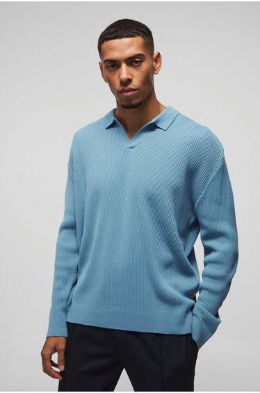 Oversized Ribbed Revere Neck Knitted Polo Sweater - light blue