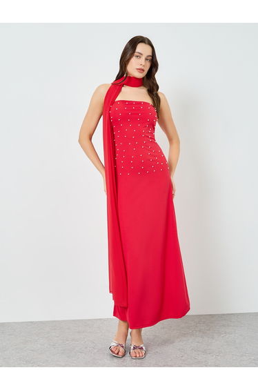 Women Red Faux Pearl Embellished Bodycon Maxi Dress with Shawl