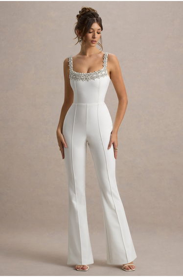 Amadi | White Embellished Strappy Flared-Leg Jumpsuit