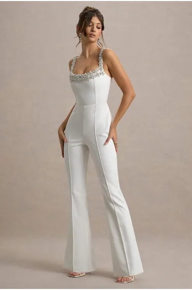 Amadi | White Embellished Strappy Flared-Leg Jumpsuit