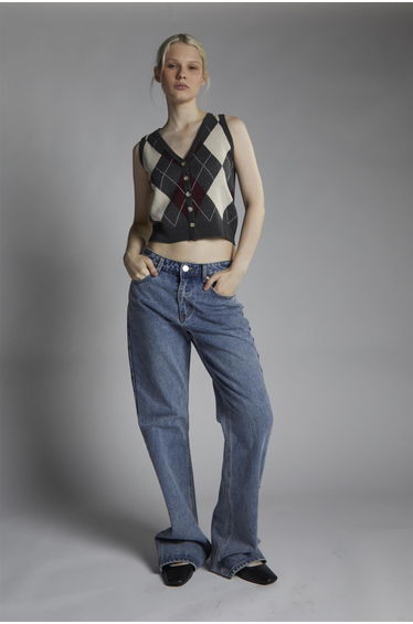 Charcoal-Argyle Button-Front-Vest Crop-Top