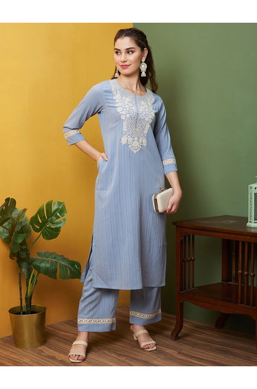 Round Neck Embroidered Straight Kurta with Trousers Set