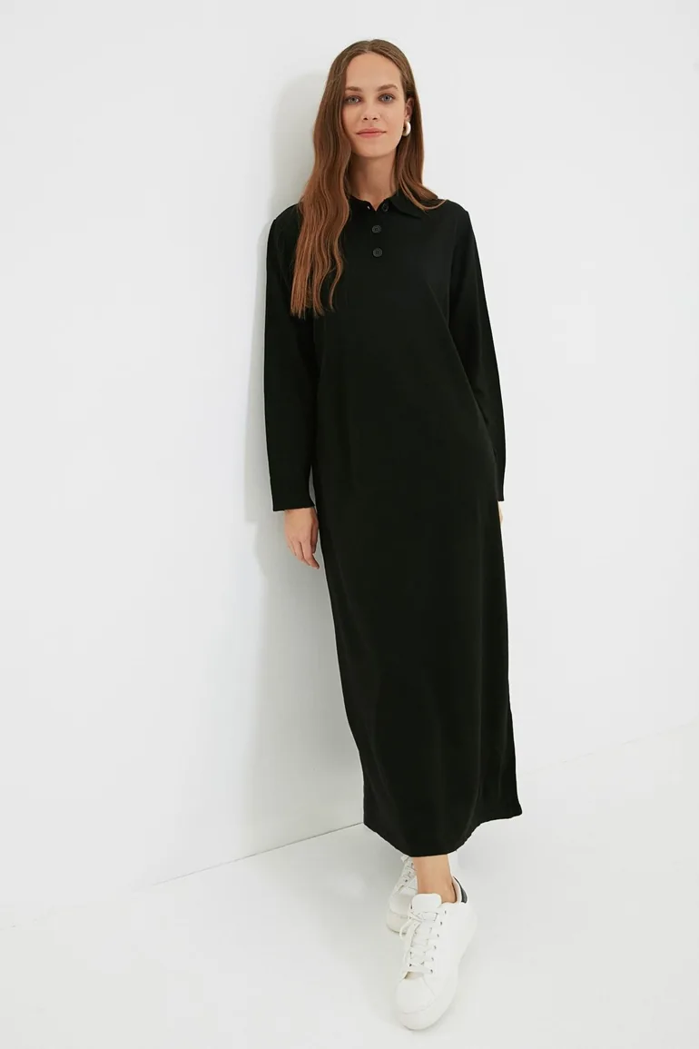 Shop Black Column Maxi T-Shirt Dress with Long Sleeve Online in Qatar