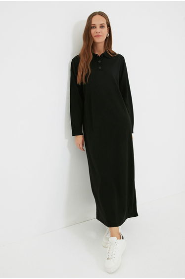 Black Column Maxi T-Shirt Dress with Long Sleeve