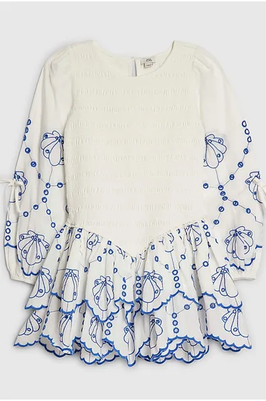 Girls White Shirred Long Sleeve Dress