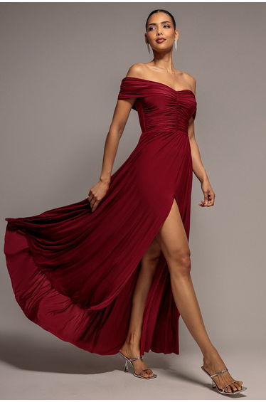 Gathered Bardot Bodice Maxi With Slit - Berry by Goddiva