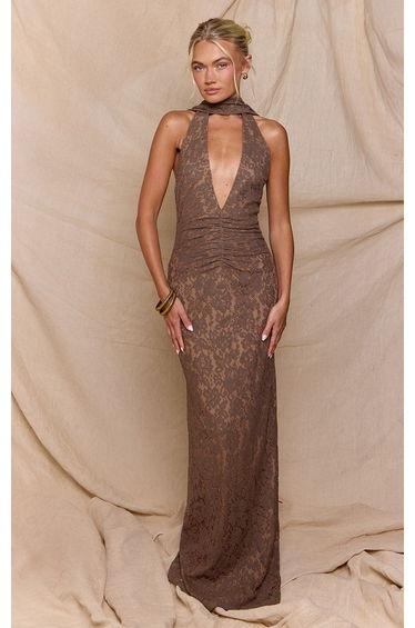 Deep Taupe Lace Plunge Halter Scarf Detail Maxi Dress