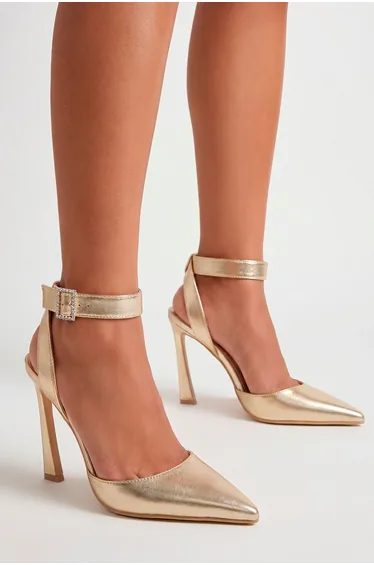 Gold Faux Leather Embellished Buckle High Flared Stiletto Court Shoes