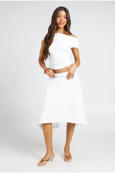 Pleated Waist Detail Hanky Hem Midi Skirt - ivory