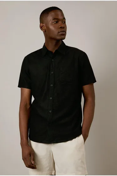 Black Linen Blend Short Sleeve Shirt