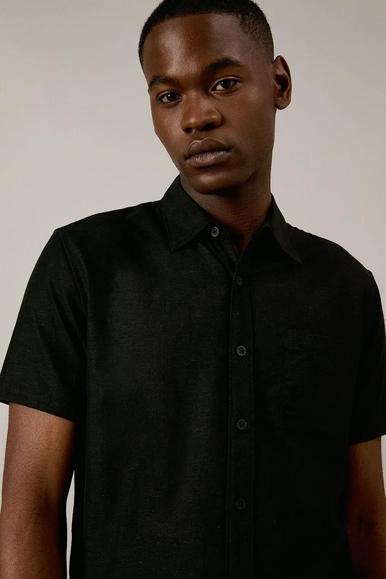 Black Linen Blend Short Sleeve Shirt - 3