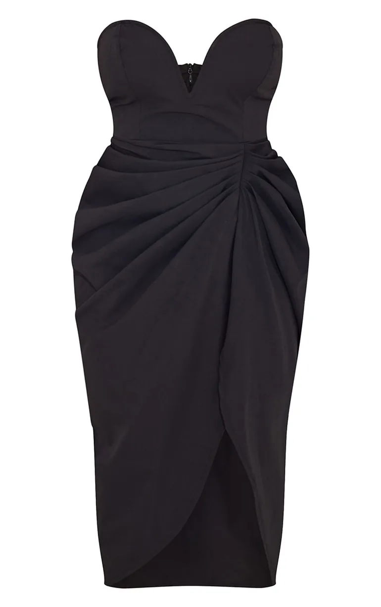 Shop Black Woven Bandeau V Bar Gathered Hip Midi Dress Online in Oman