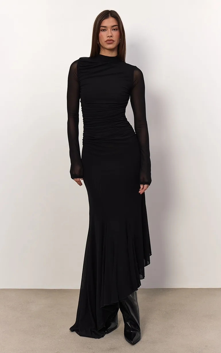 Black Mesh Long Sleeve High Neck Ruched Maxi Dress