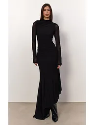 Black Mesh Long Sleeve High Neck Ruched Maxi Dress