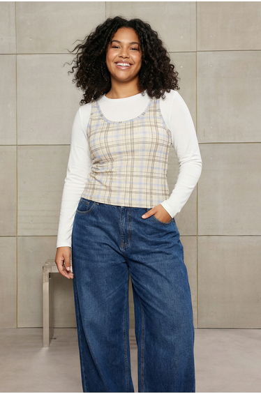 Ecru Foam Double Layer Knitted Plus Size Blouse