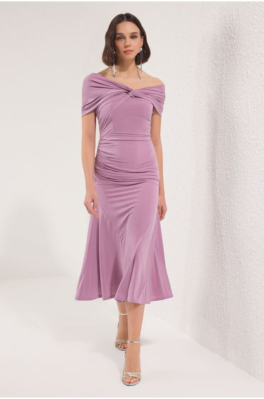 Pink Asymmetrical Collar Knitted Elegant Evening Night Graduation Dress