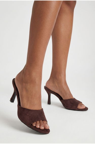 Faux Suede Round Toe Heeled Mules - chocolate