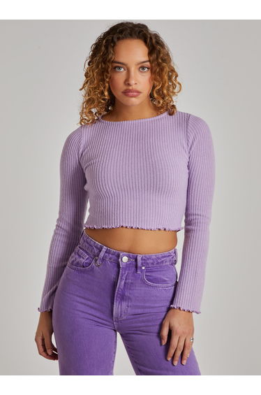 Soft Wide Brushed Ribbed Lettuce Hem Long Sleeve Top