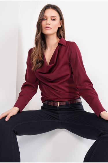 Women's Burgundy Degaje Collar Cuff Sleeve Woven Blouse