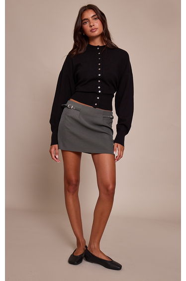 Charcoal Belt Detail Pleated Skirt