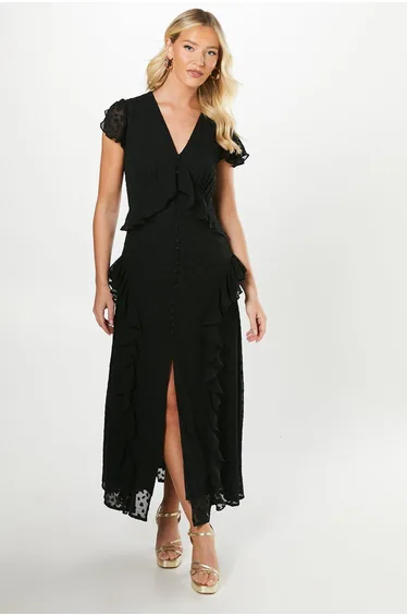 Debut London By Coast Flutter Sleeve Dobby Mesh Button Through Midi Dress - black