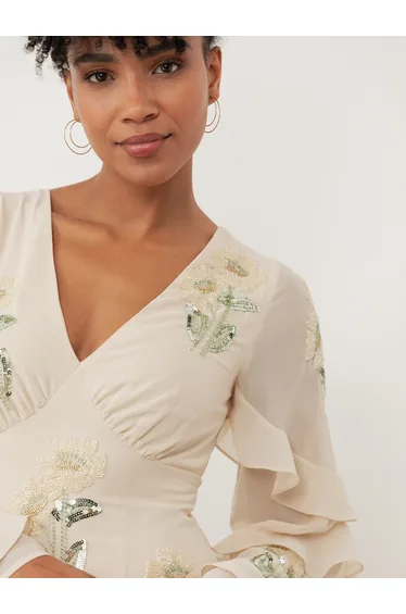 Maya Vanilla Embellished Maxi Sleeve Ruffle Maxi Dress