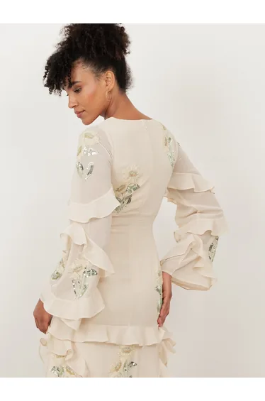 Maya Vanilla Embellished Maxi Sleeve Ruffle Maxi Dress
