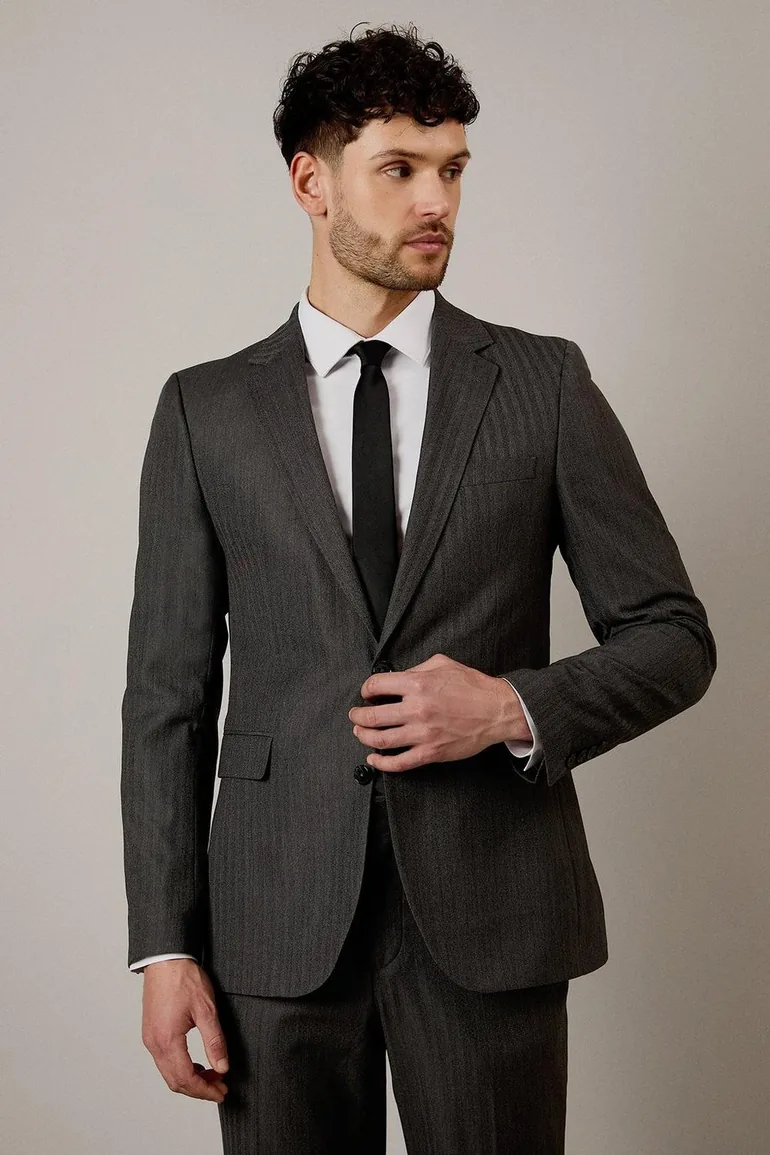 Grey Herringbone Slim Fit Suit Jacket