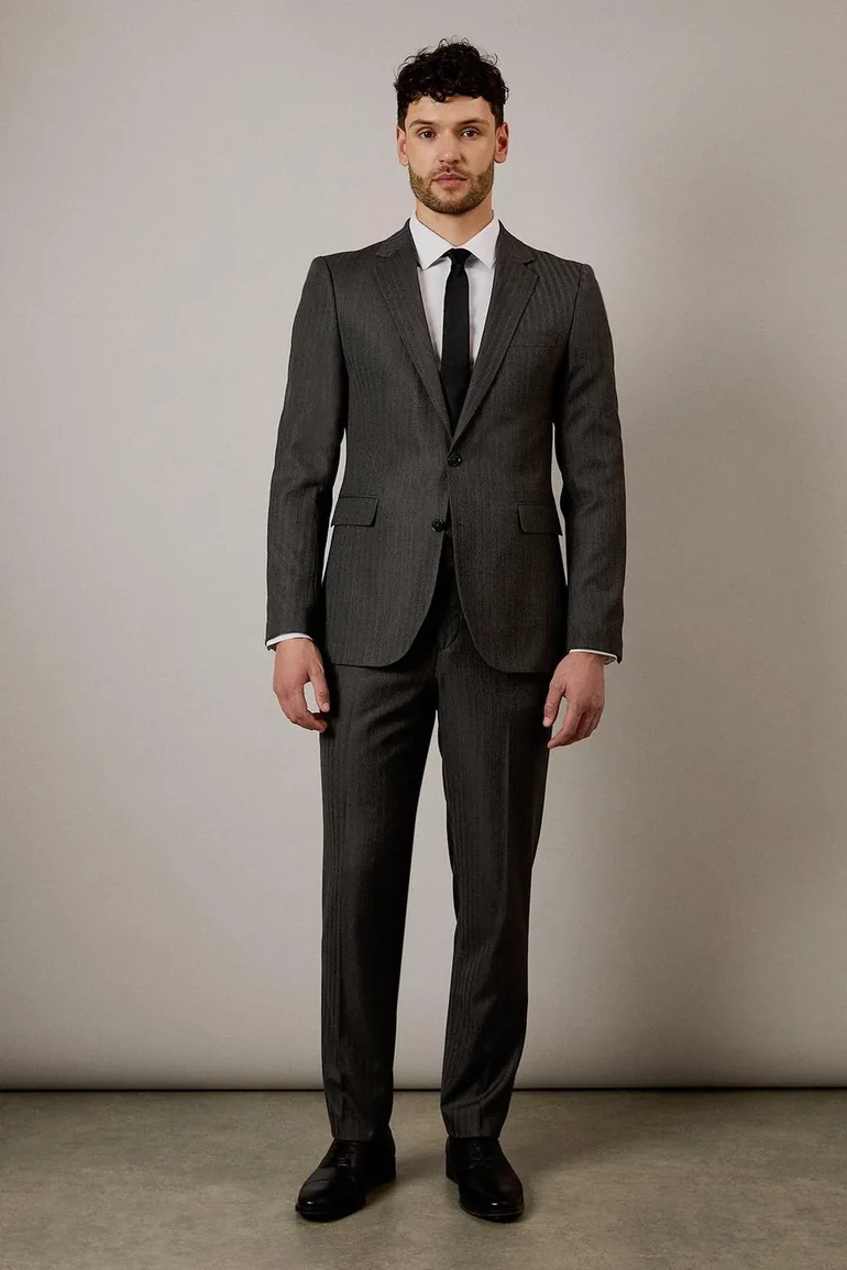 Grey Herringbone Slim Fit Suit Jacket - 1