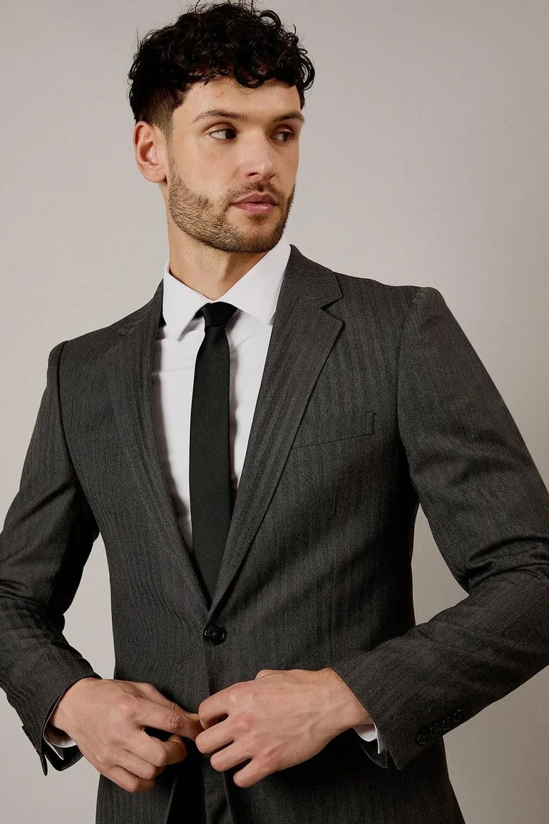 Grey Herringbone Slim Fit Suit Jacket - 2