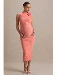 Shellie | Coral High-Neck Maternity Dress With Corsage Detail - 3