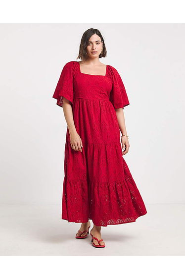 Red Broderie Tiered Maxi Dress