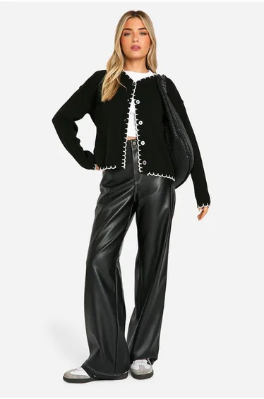 Blanket Stitch Knitted Crop Cardigan - black_ecru