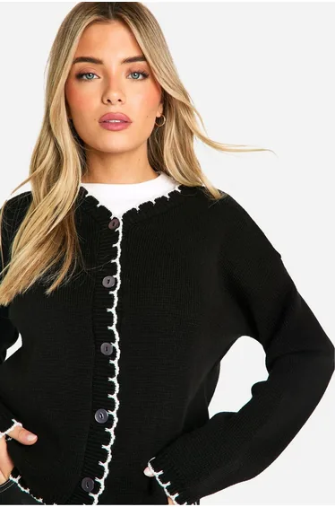 Blanket Stitch Knitted Crop Cardigan - black_ecru