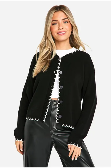 Blanket Stitch Knitted Crop Cardigan - black_ecru