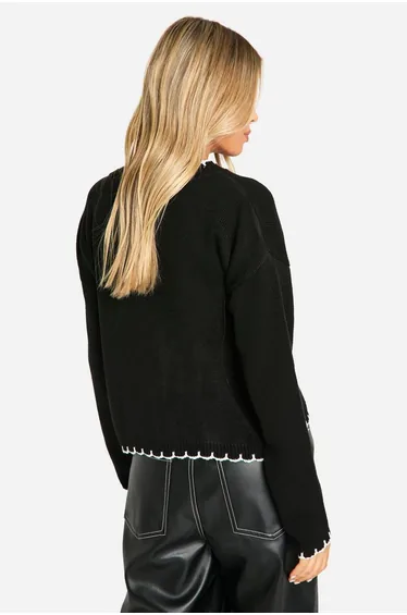 Blanket Stitch Knitted Crop Cardigan - black_ecru
