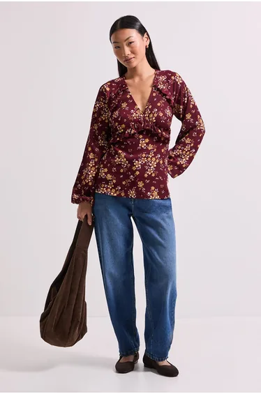 Petite Yellow Floral Empire Seam Frill Detail Printed Jersey Top