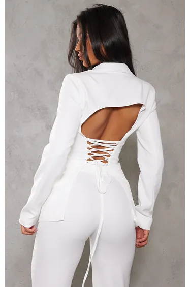 White Fitted Lace Up Back Blazer