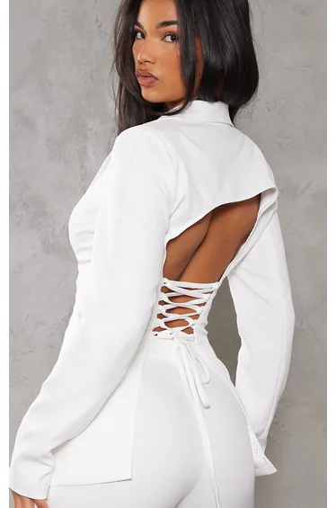 White Fitted Lace Up Back Blazer