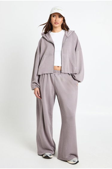 Petite Washed Distressed Hem Straight Leg Tracksuit - grape