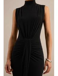 Isona | Black High-Neck Maxi Dress With Gathered-Detailing And Sash - 5
