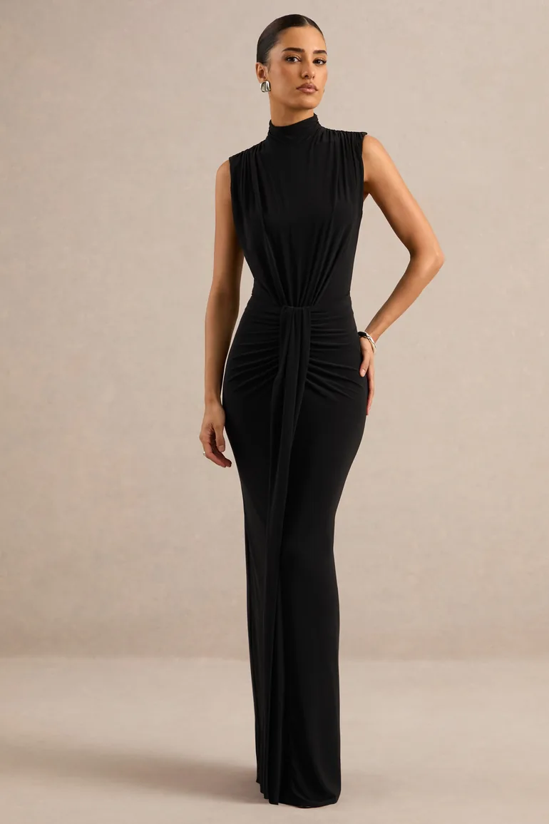 Isona | Black High-Neck Maxi Dress With Gathered-Detailing And Sash - 1