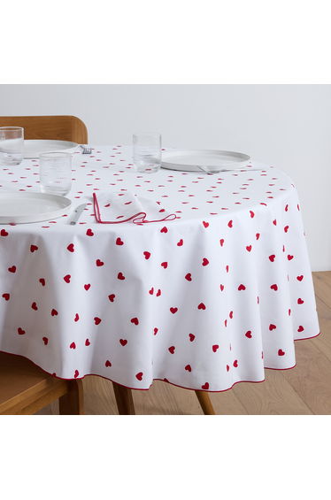 Scacco Round Tablecloth in Cotton with Hearts Print
